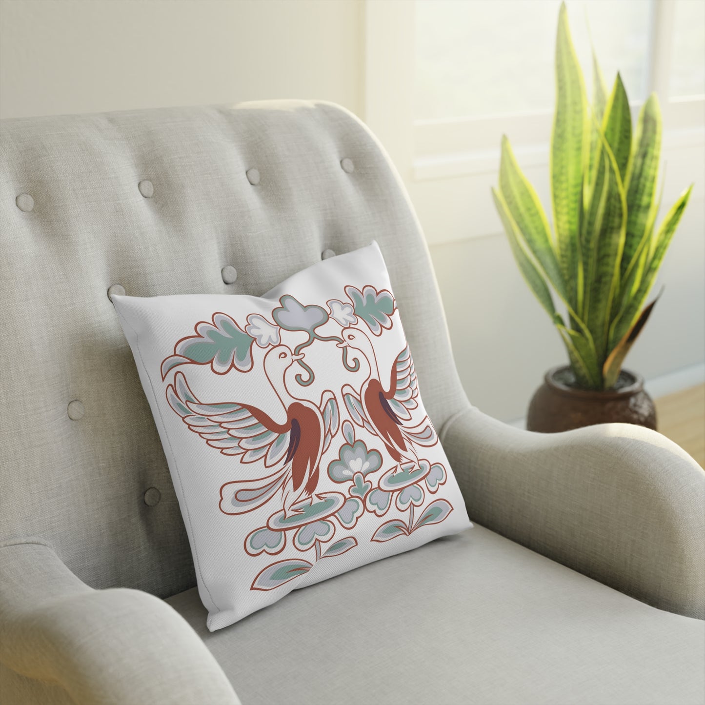 Elegant Decorative Cushion with Floral & Crane Design