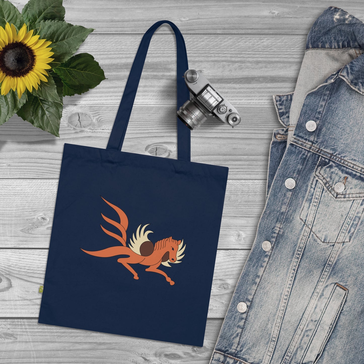 Artistic Organic Cotton Tote Bag with Flying Horse & Floral Designs