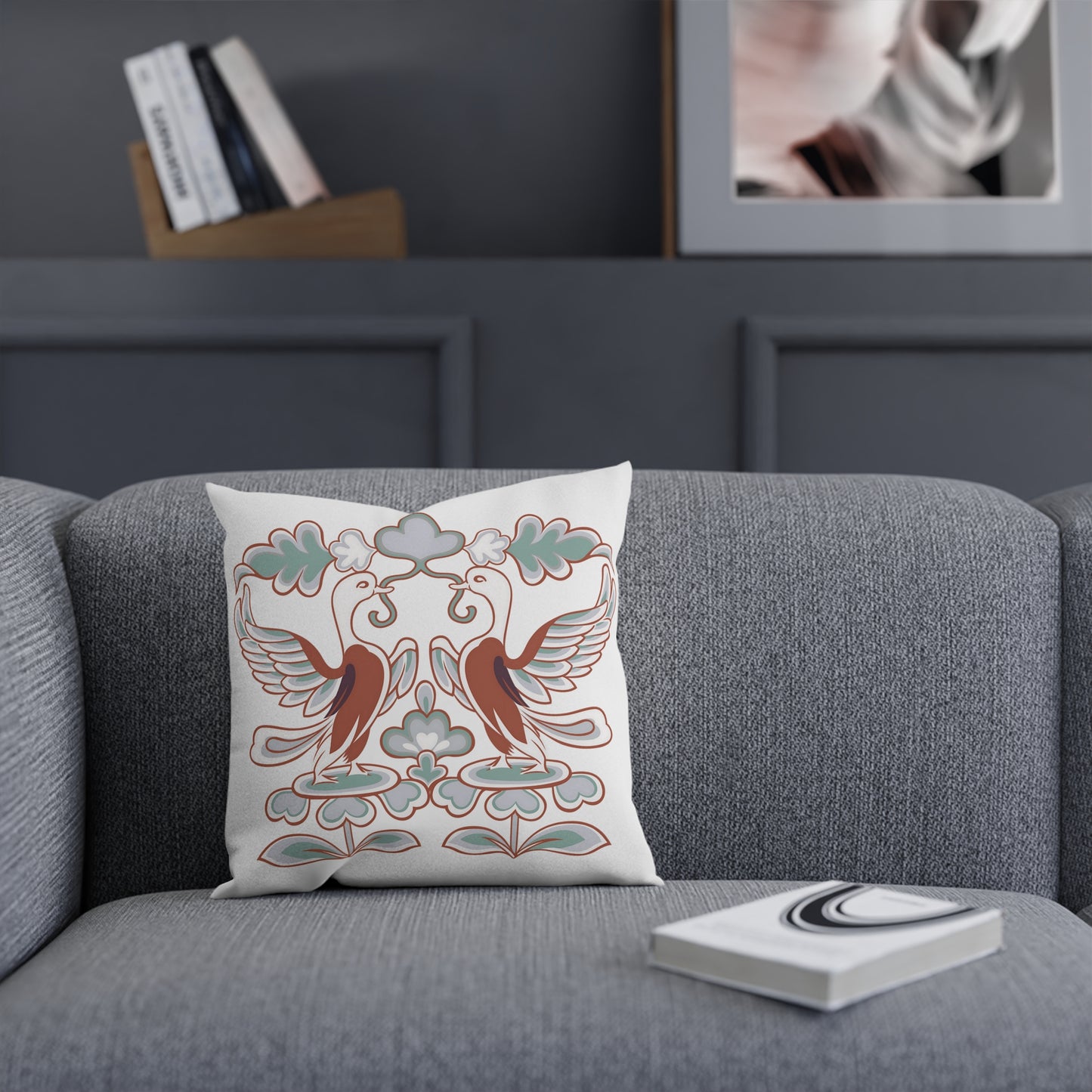 Elegant Decorative Cushion with Floral & Crane Design
